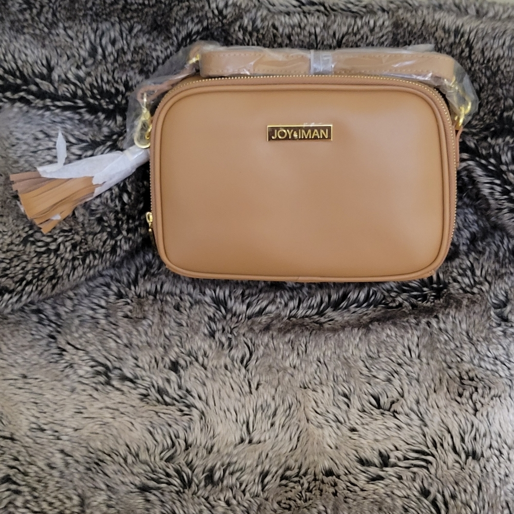 JOY&IMAN women's crossbody purse, bag, brown leather, 2 zip-up compartments
